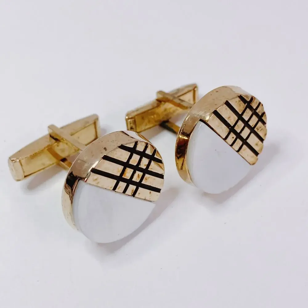 Vintage Modernist Geometric Cufflinks Mother Of Pearl Gold Tone 1960s 1970s